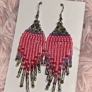 Pink Beaded Fringe Earrings